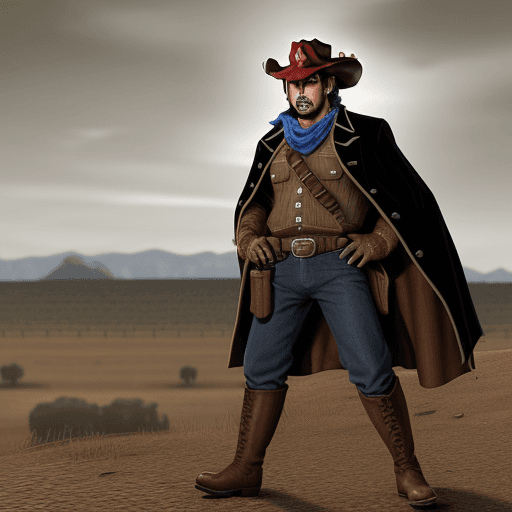 AI generated: Super Mario dressed as a cowboy from Red Dead Redemption, Mario has a pancho, a cowboy hat, boots, c...