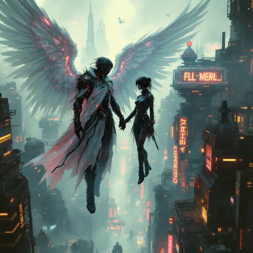 AI generated: Cyber punk angel holding hands with a human girl dressed in cyberpunk clothes above a cyber punk cit...
