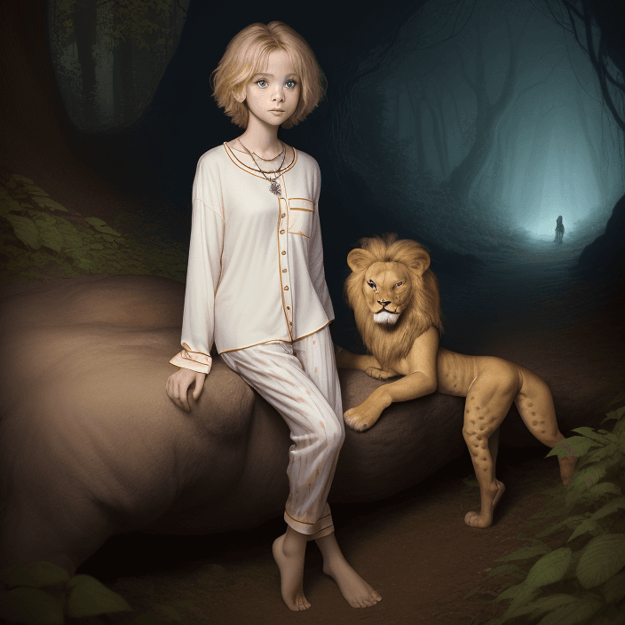 AI generated: Sarah Miller, super cute 12 years old girl, short hairs, blonde hairs, necklace, wearing pajamas, lo...