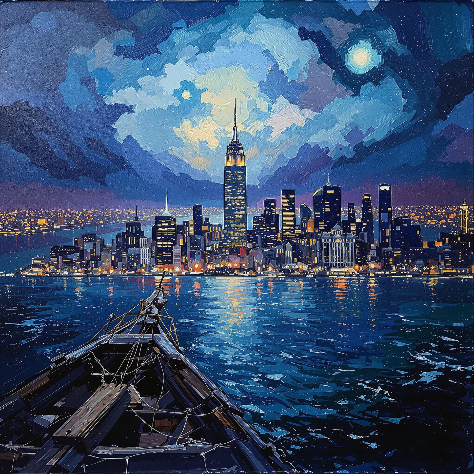 AI generated:  Psychedelic, Surreal. An oil painting with heavy brush strokes. painting of Manhattan  as seen from...