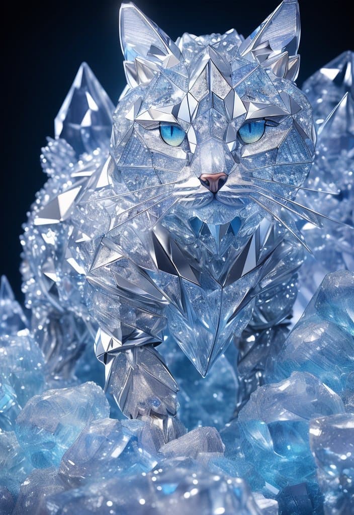 AI generated: a close up of a cat (made from a many cristal fragmrnts:1.2), (crystal cubism:1.2), with blue eyes, ...
