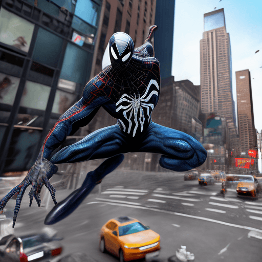 AI generated: venom suit spider man, New york street as background, ray traicing, High detail color photo, a profe...