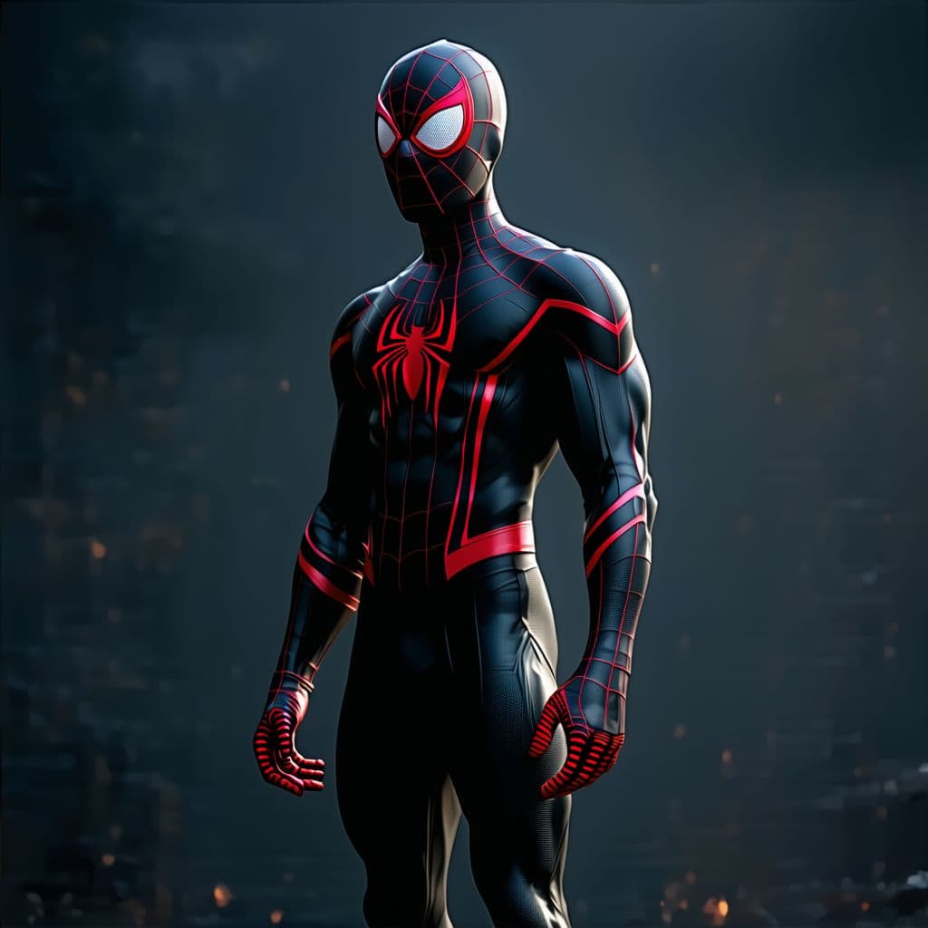 AI generated: a full body shot of spiderman in his black suit from the comics character concept art by Roberto Fer...