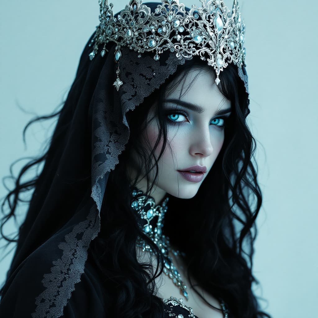 AI generated: The Veiled Phantom Queen, dressed in Royal attire, ice blue eyes and wavy black hair