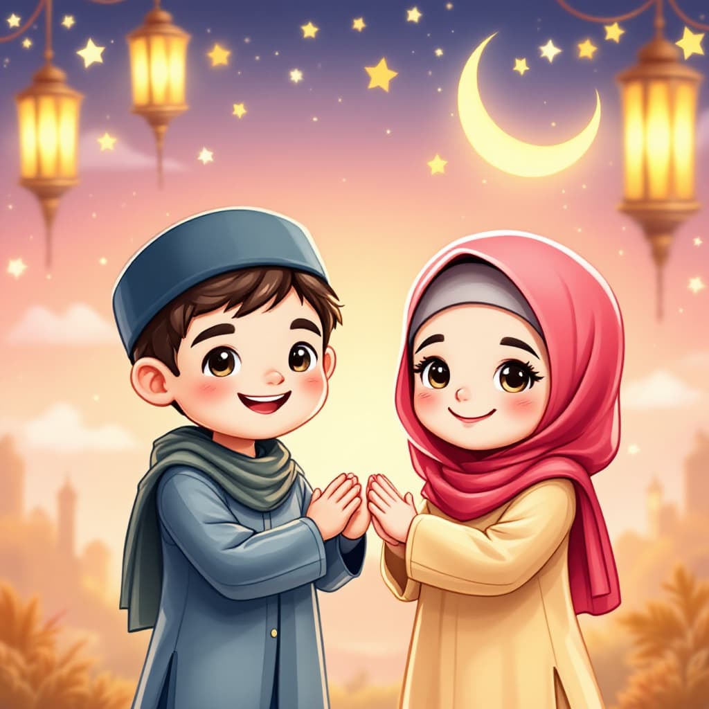 AI generated: kazakh A cute Muslim boy and girl celebrating Eid Mubarak. Both are dressed in traditional Islamic c...