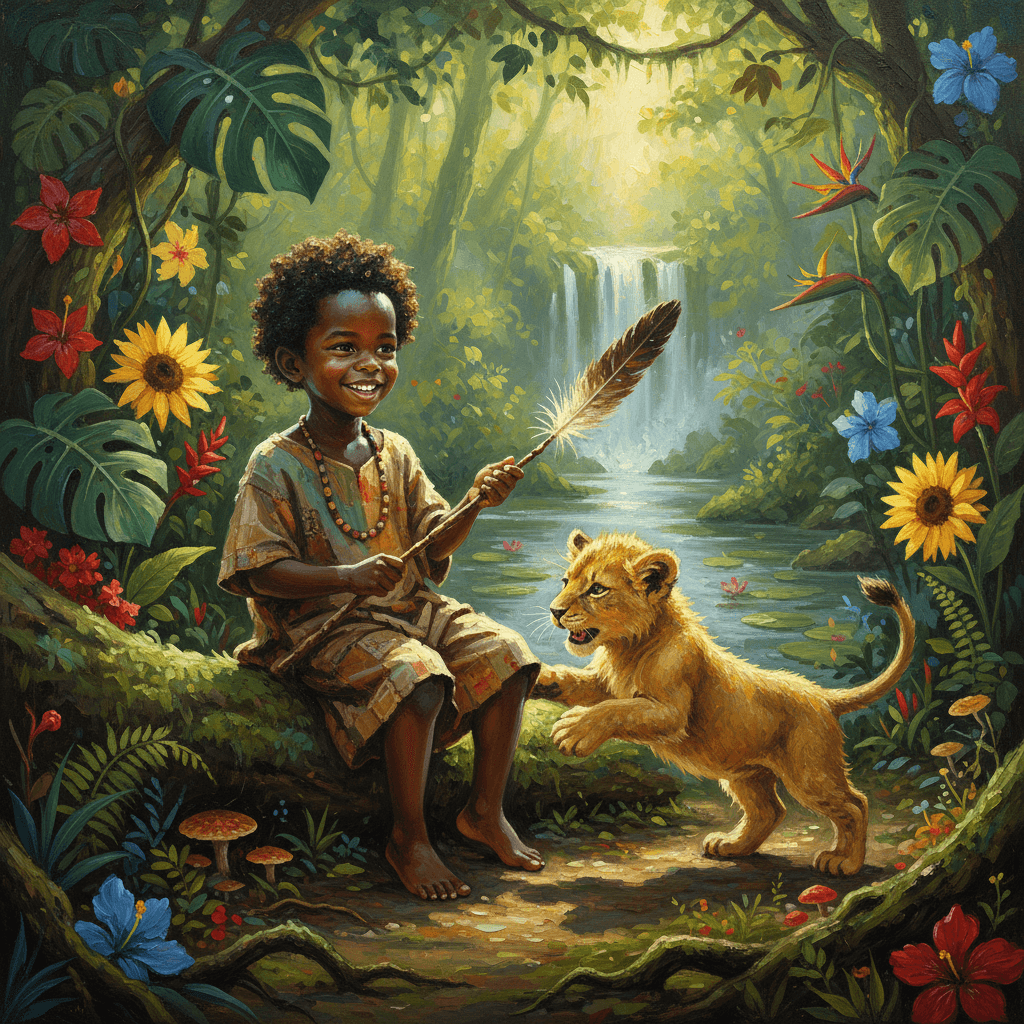 AI generated: an oil and acrylic painting of a little african boy in the jungle playing with his pet lion cub