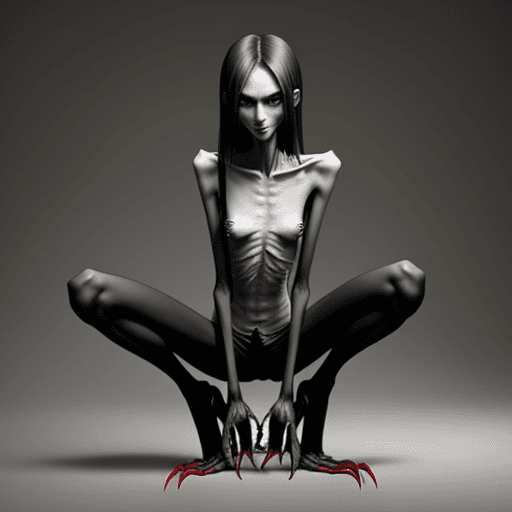 AI generated: very skinny slender girl, with long curved claws, with skinny legs and long skinny calves in high he...