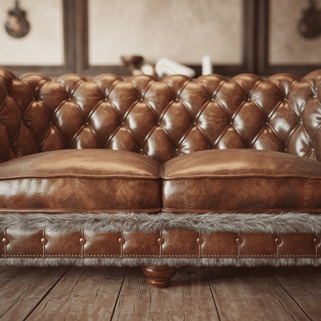 AI generated: button tufted leather sofa with bison fur trim close-up portrait ribcagel, octane render, trending o...