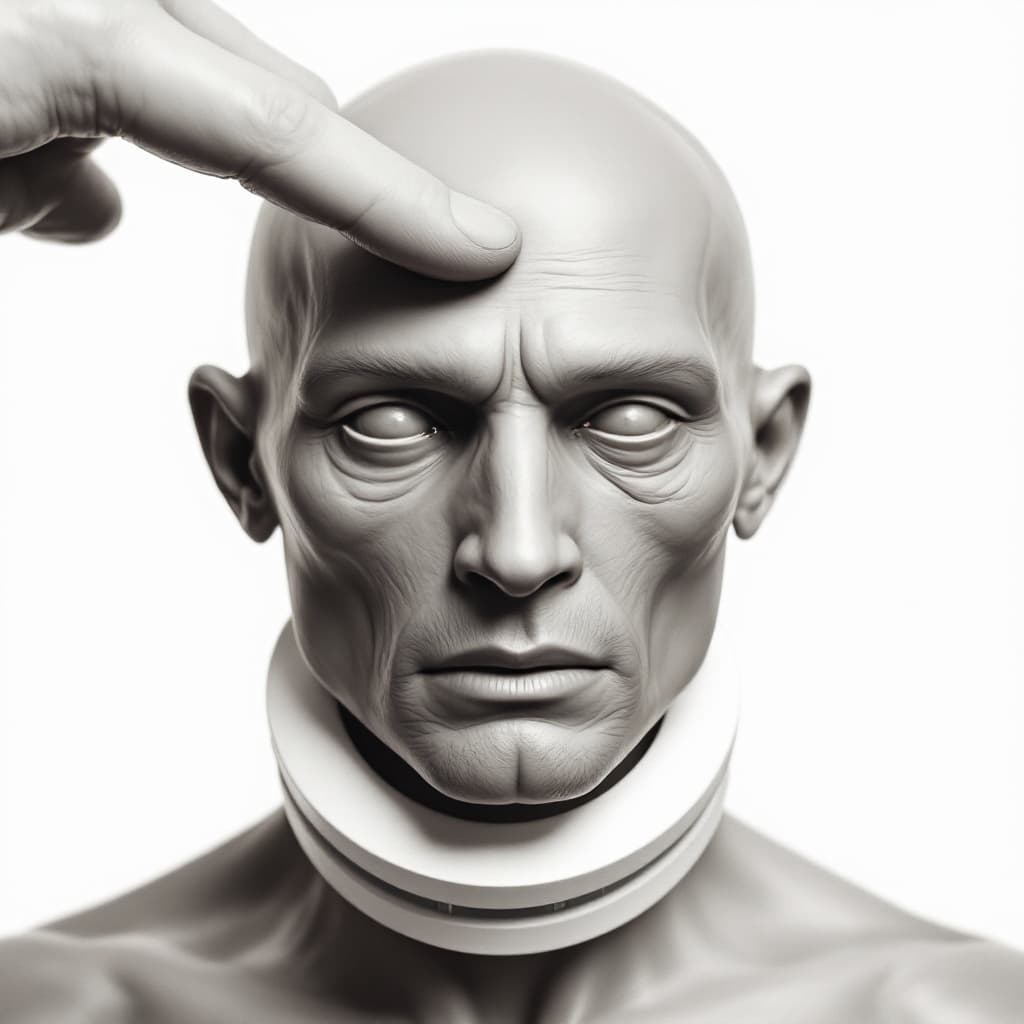 AI generated: A skinny male model with a collar around his neck. A finger is stuck to his forehead.