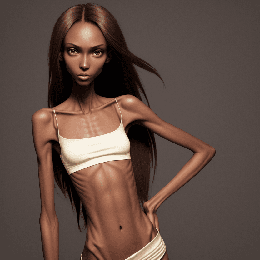 AI generated: extreme beautiful skinny brown skinned  slender face of skinny (almost anorexic) girl without a bra

