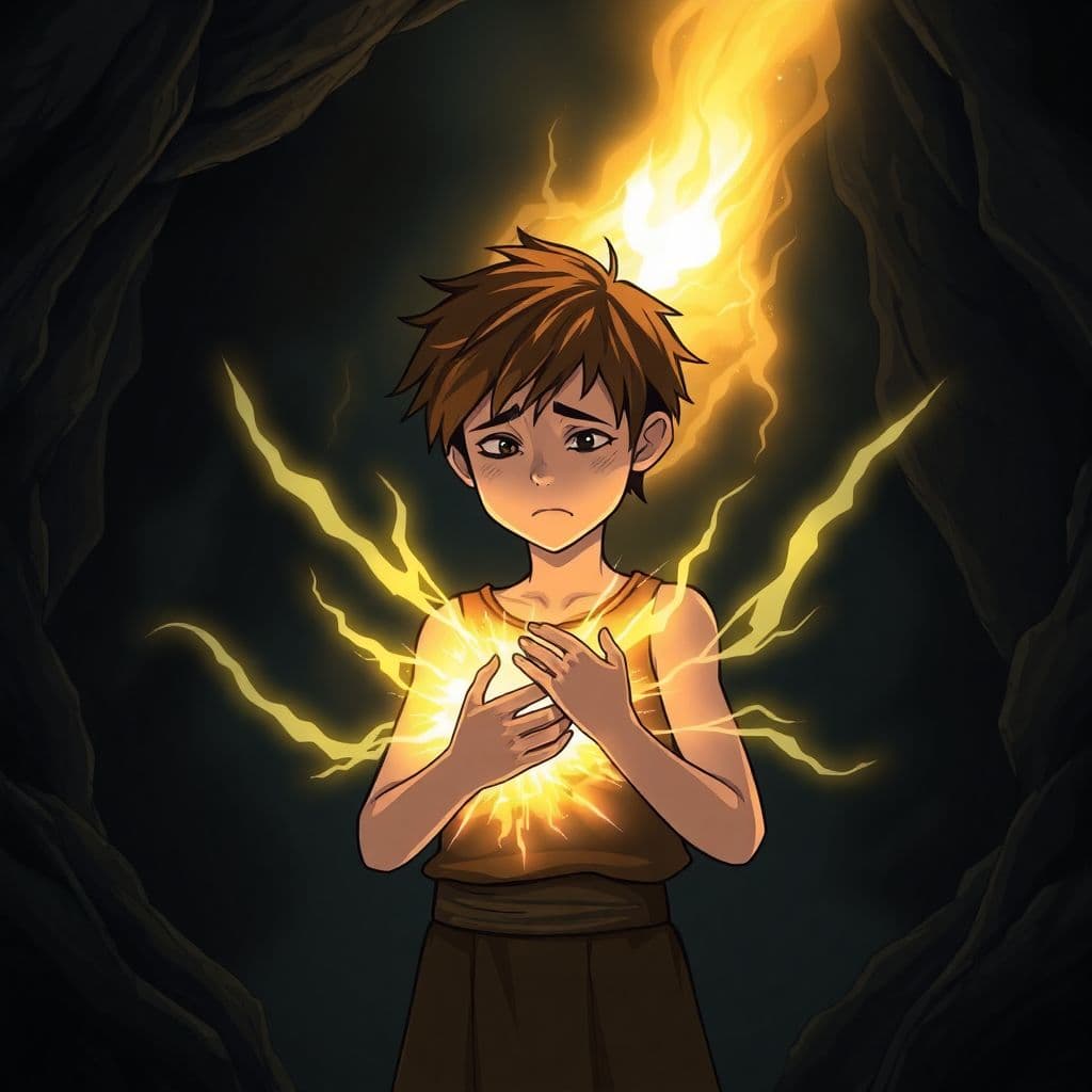 AI generated: Create an emotional and powerful scene in a dark cave where a 12-year-old hero with brown hair stand...