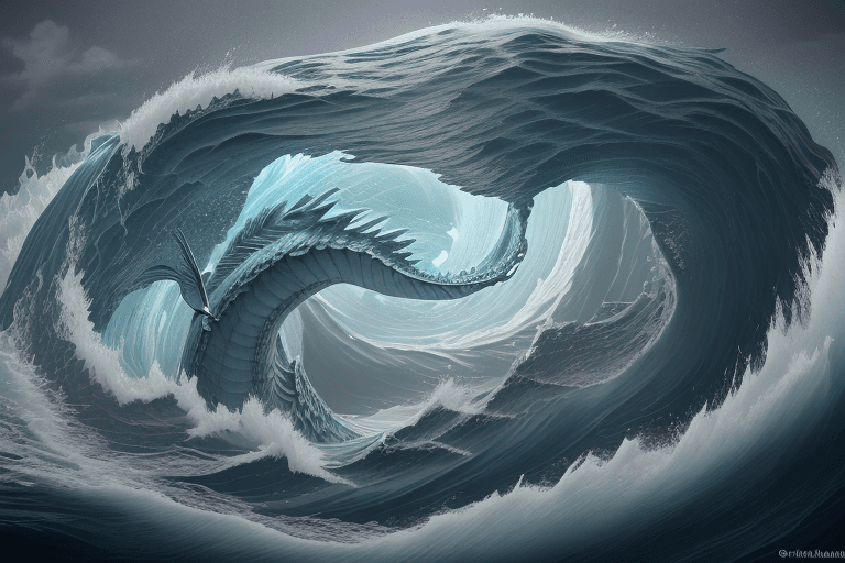 AI generated: an open book with pages carved into the shape of waves, a sea dragon coming out of the Mariana trenc...