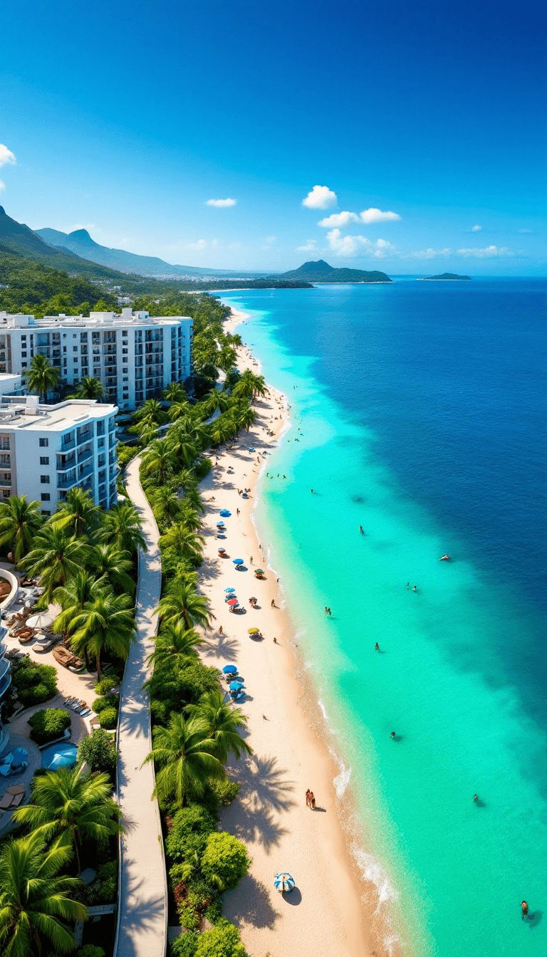 AI generated: An aerial view of a tropical seaside promenade with bright white apartment buildings surrounded by l...