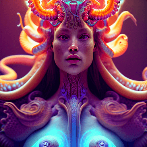 AI generated: Goddess close-up portrait ribcagel, octopus  phoenix head, nautilus, orchid, skull, betta fish, biol...