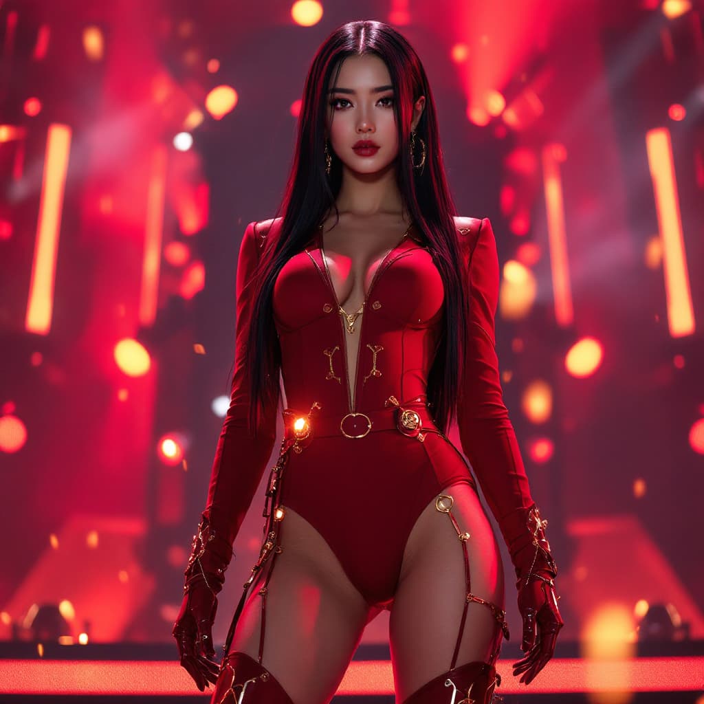 AI generated: A full-body photo of Rina, a confident K-pop idol with long straight black hair, performing on a neo...