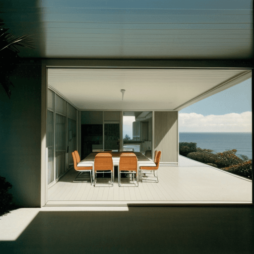 AI generated: Hyper realistic eye level exterior photo of a mid century modern style house overlooking the ocean, ...