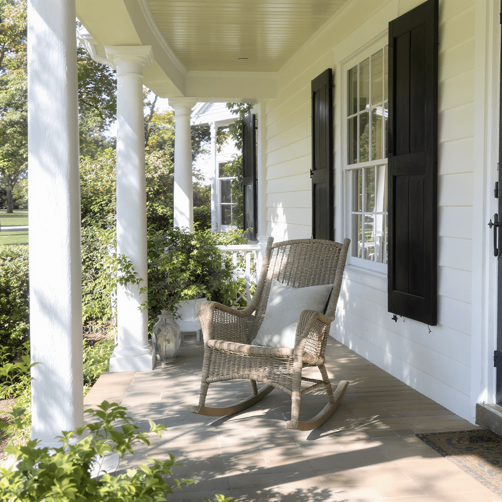 AI generated: a centered image of a basket weave rocking chair on a front porch of a farm house