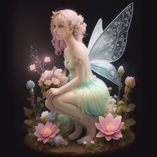 AI generated: fairy with flowers, pastel colors, extremely detailed, lights, glow, flowers