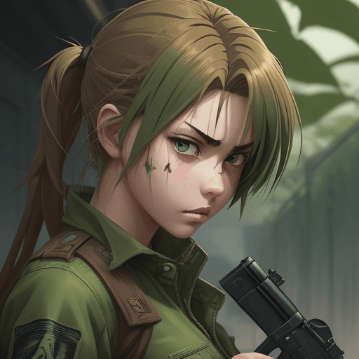 AI generated: a girl holding a gun in her hand, in the style of anime art, light brown and green, strong facial ex...