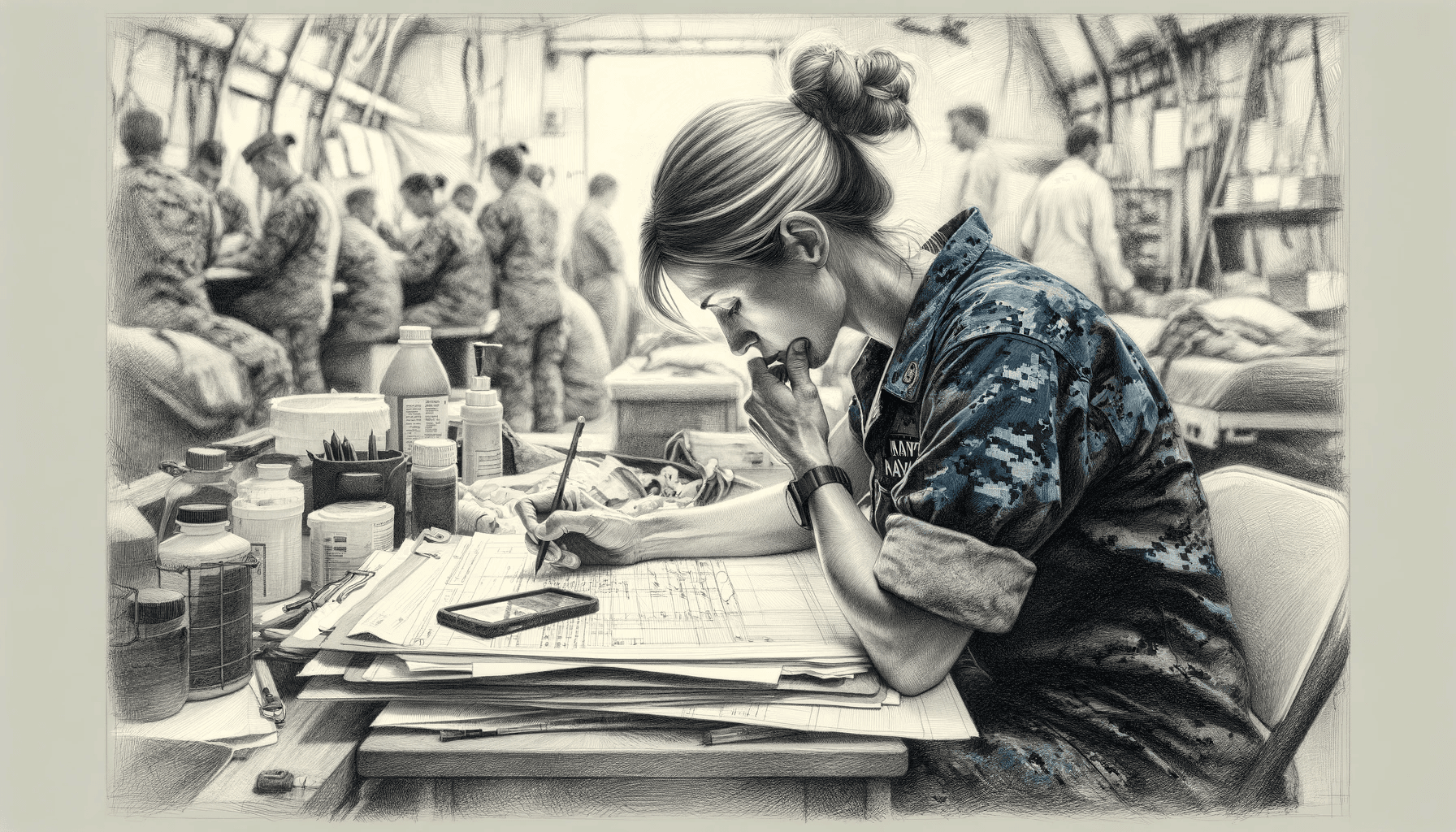 AI generated: DALL·E 2023-11-18 11.41.30 - Wide-screen format pencil drawing in the style of Larry Smith, continui...