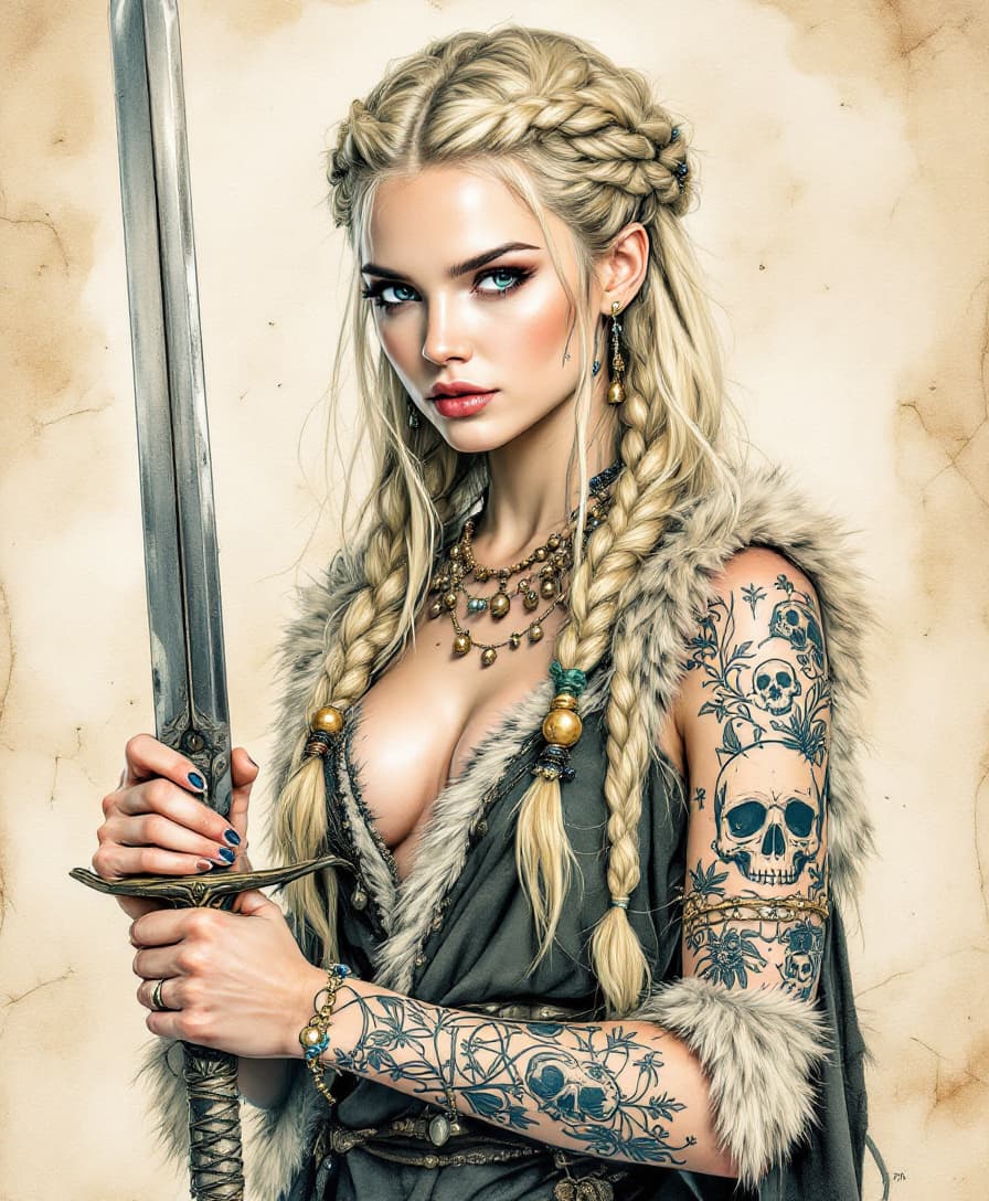 AI generated: portrait of a stunning nordic girl with long blonde, ringed and beaded braids interwoven with small ...