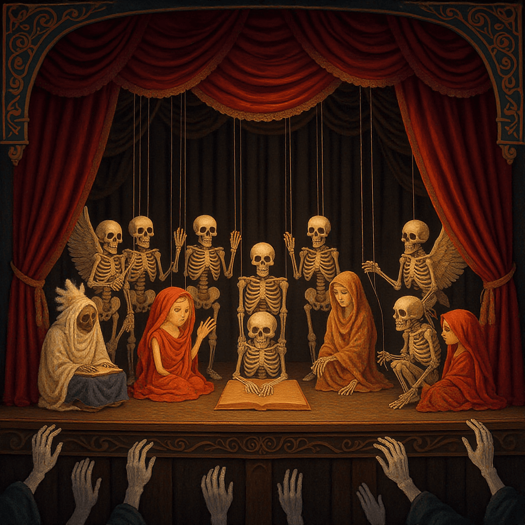 AI generated: Marionette theater of the dead — puppet skeletons perform legendary tales on a richly decorated stag...