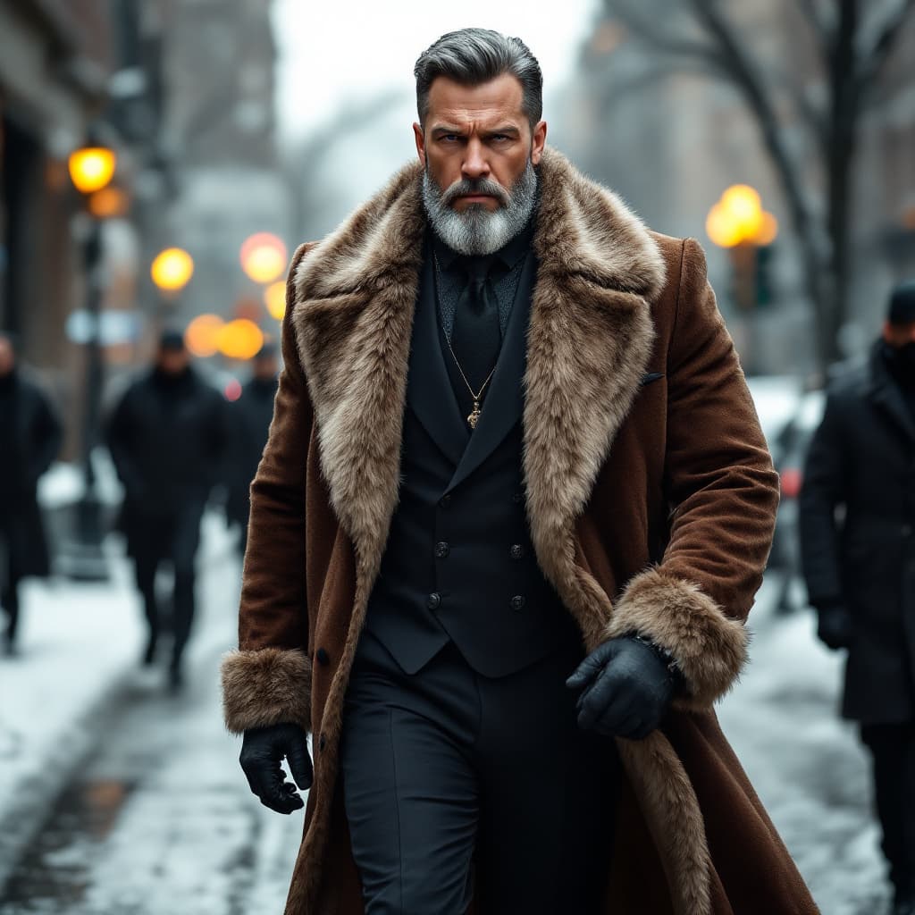 AI generated: A rich strong man, dressed in an expensive suit with fur, walking down the street in winter, accompa...
