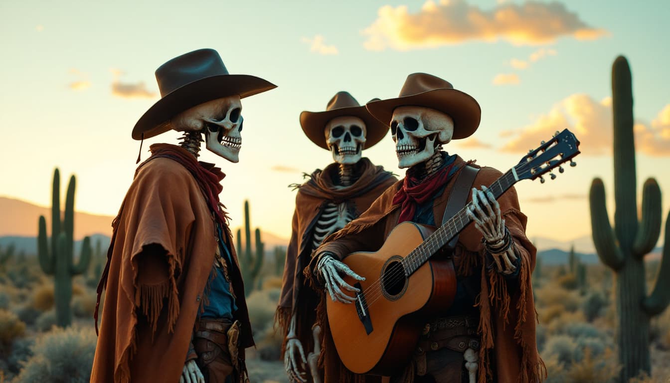 AI generated: Estilo western, en el desierto al atardecer. Hay cactus. Three skeletons are talking to each other. ...