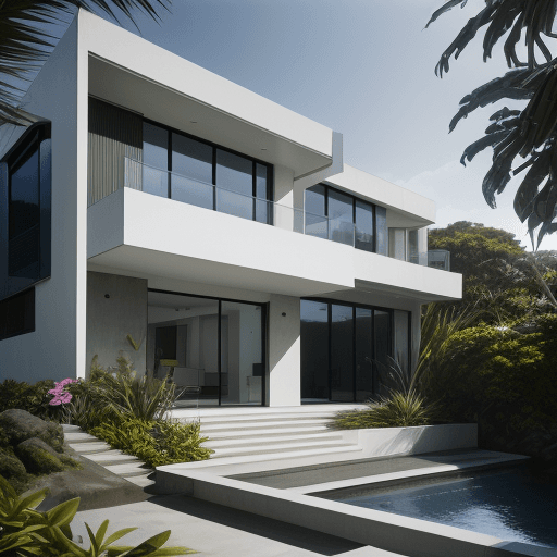 AI generated: Hyper realistic eye level exterior photo of a  modern style house overlooking the ocean, daylight, i...