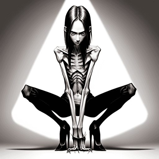 AI generated: squatting position of extreme skinny slender anorexic girl very skinny slender girl, with long curve...
