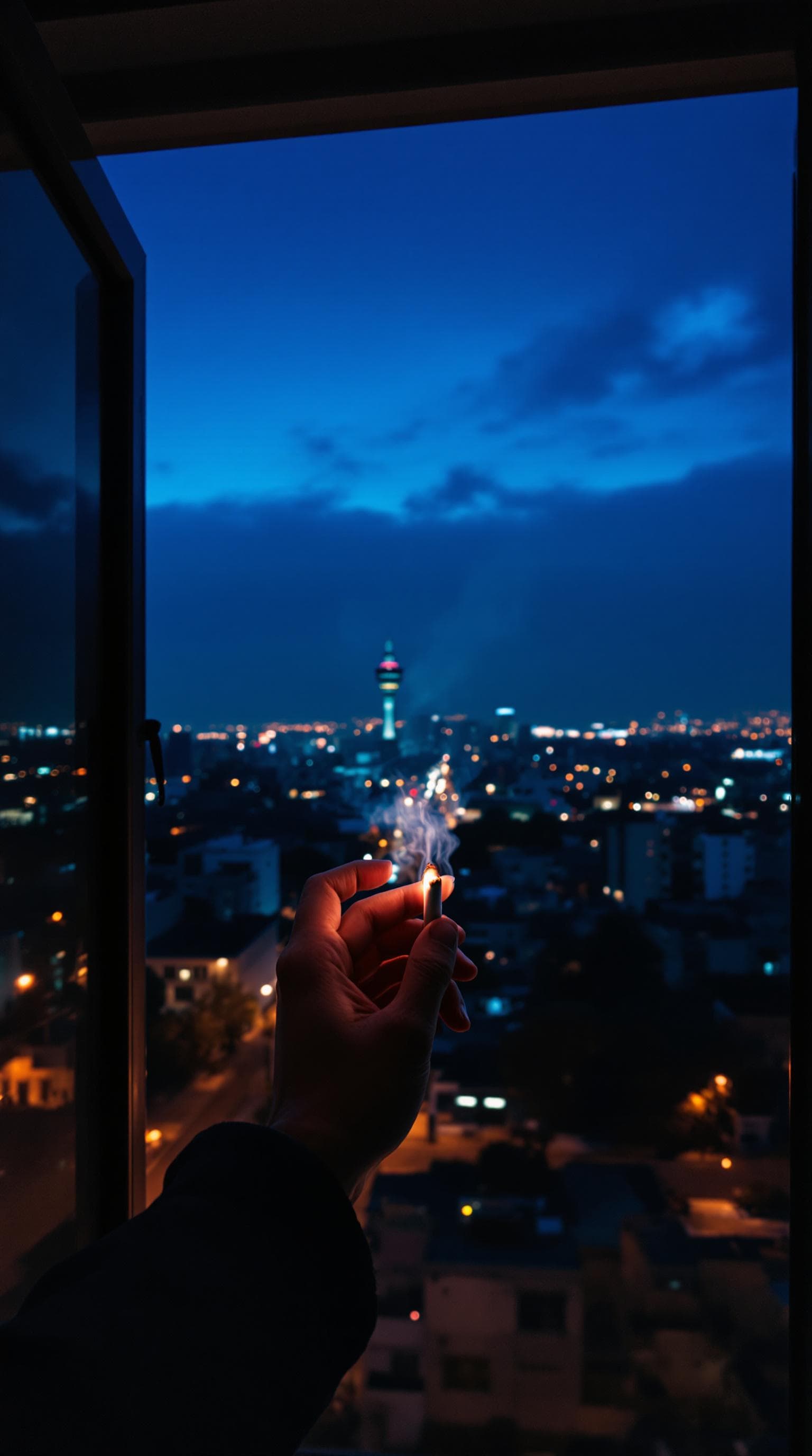 AI generated: POV first-person, I am standing by the open window, smoking a cigarette professionally, captured fro...