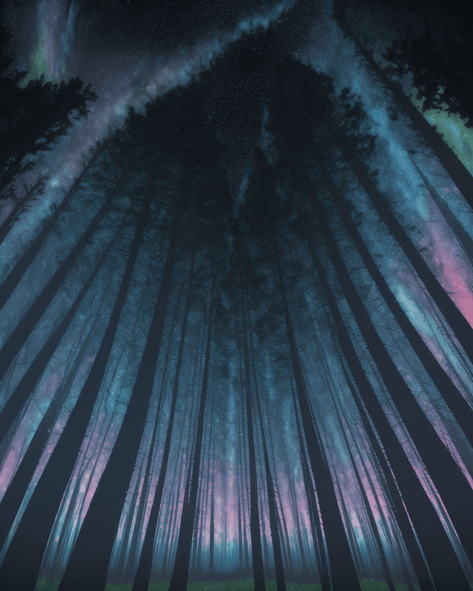 AI generated: an evening sky with stars and trees behind it, in the style of intricate psychedelic landscapes, mar...
