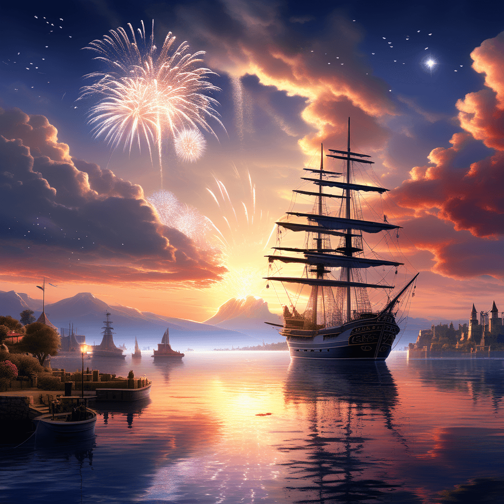 AI generated: A ship with 2 masts and white slanting sails enters a rural harbor, evening, sunset, large fireworks...