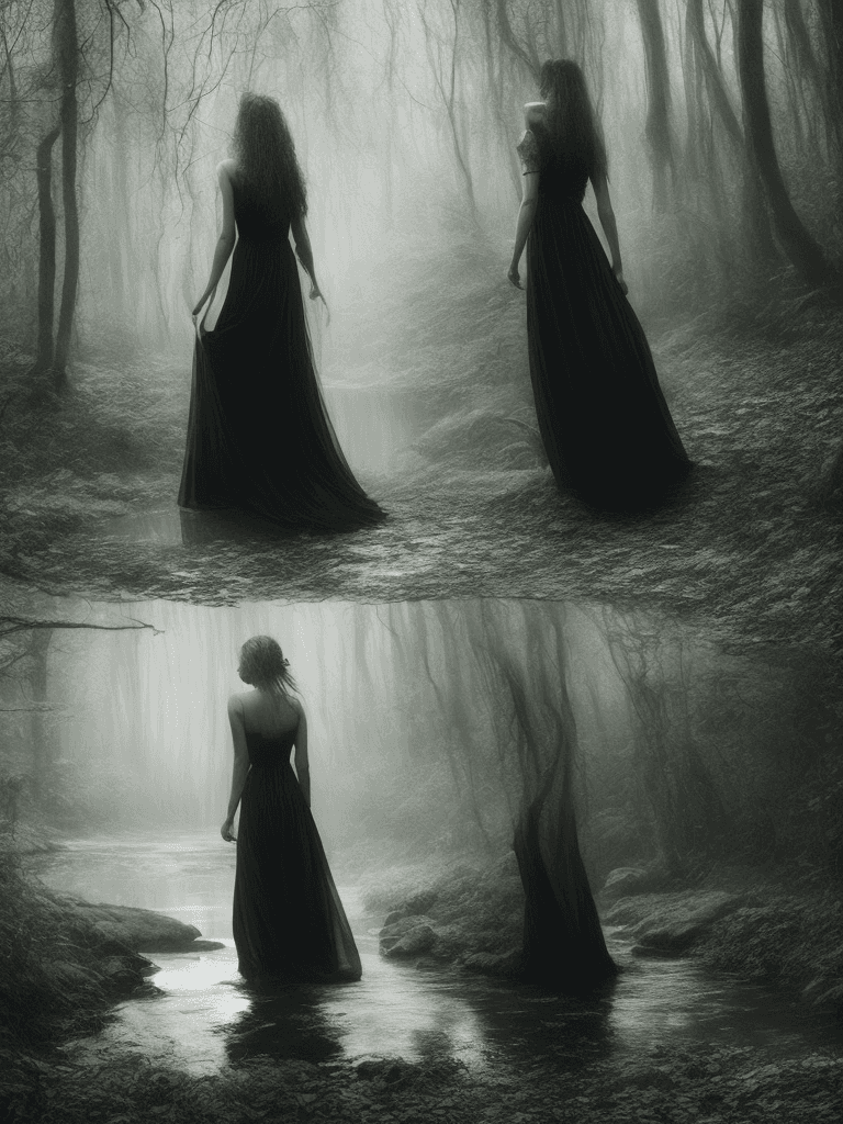 AI generated: enchanted forest, dark, moody, mystical, woman, walking through a stream, long dress