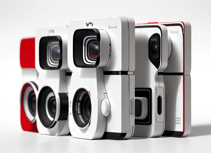 AI generated: Four different slim cameras, arranged in a line on a white surface, front view, photo realistic, hig...