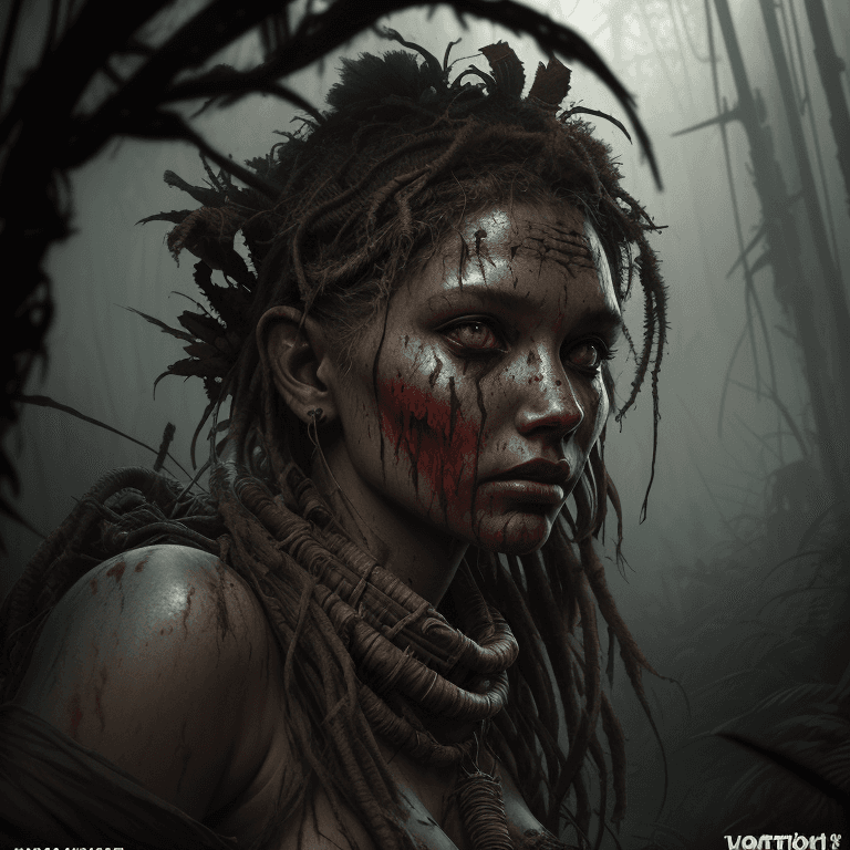 AI generated: Tribal woman, post-apocalyptic jungle overgrown, blood on the face, bonfire burning in the backgroun...
