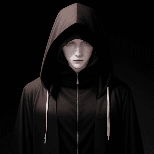 AI generated: A hooded shadowy young man with pale skin and hazel eyes
