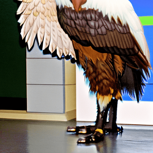 AI generated: A female bipedal wolverine with the wings of a bald eagle. It has the head of a wolverine that is wh...