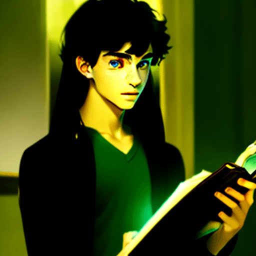AI generated: young 18-year-old prince with dark s hair and yellowish-green eyes with a book in hand