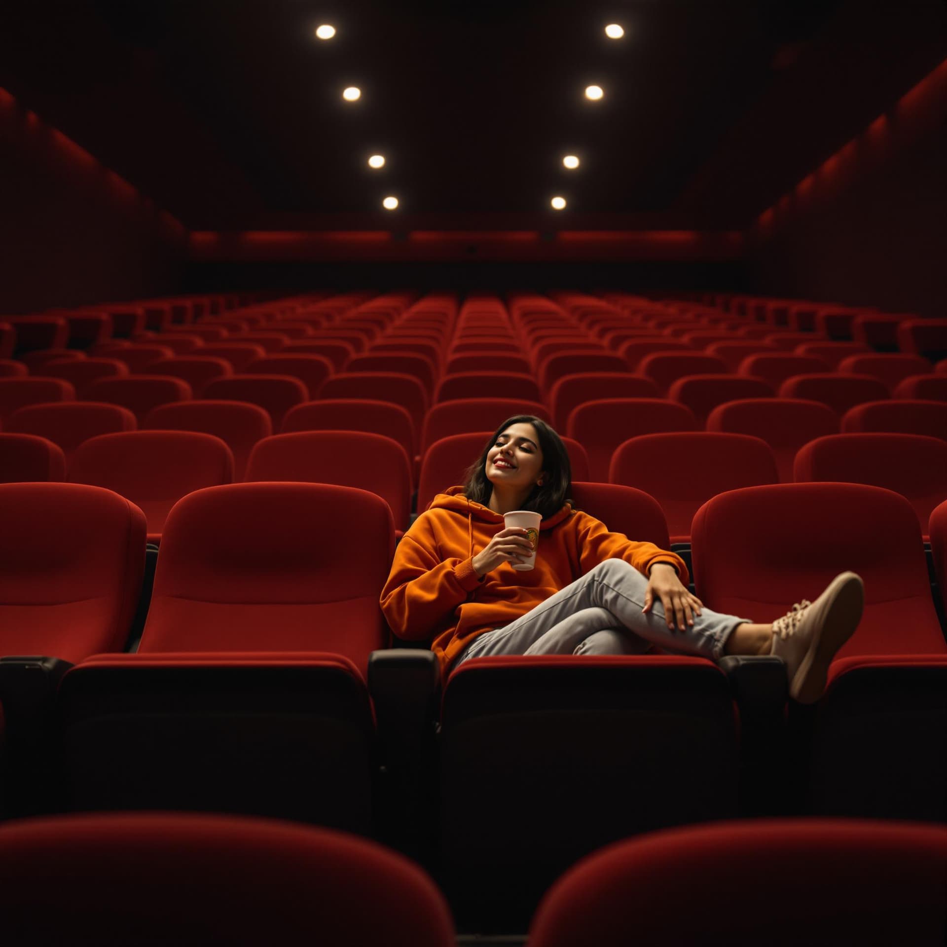 AI generated: photography, vast emptiness of a movie theater serves as the backdrop for a moment of carefree repos...