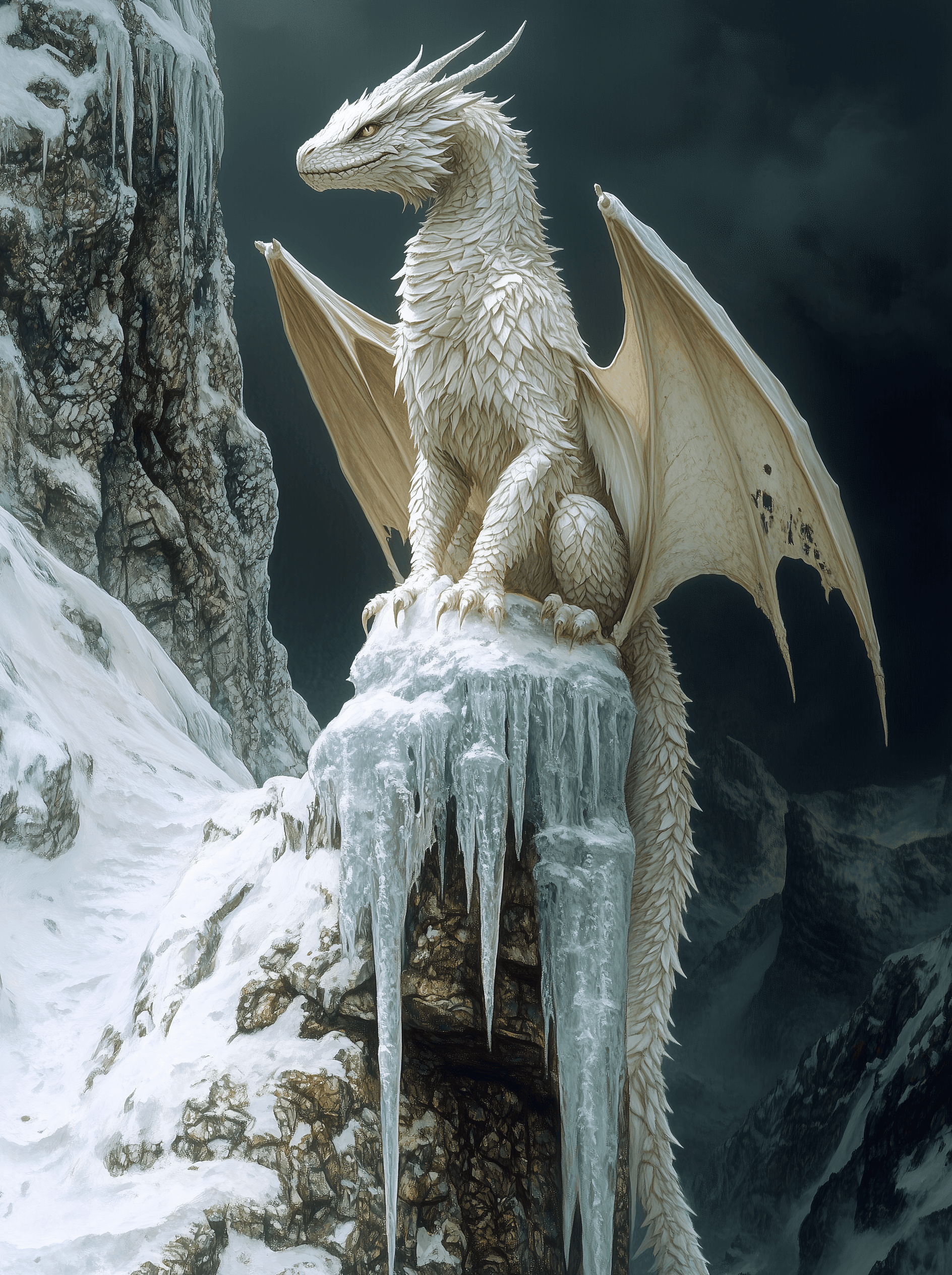 AI generated: A white humanoid dragon with bat wings, perched on top of an ice-covered pillar in the sky, in the s...