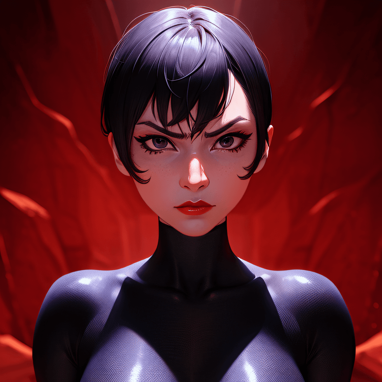 AI generated: Ashi , short black hair, pointy hair, red lipstick,black eyes, serious expression, cowboy shot, Asui...