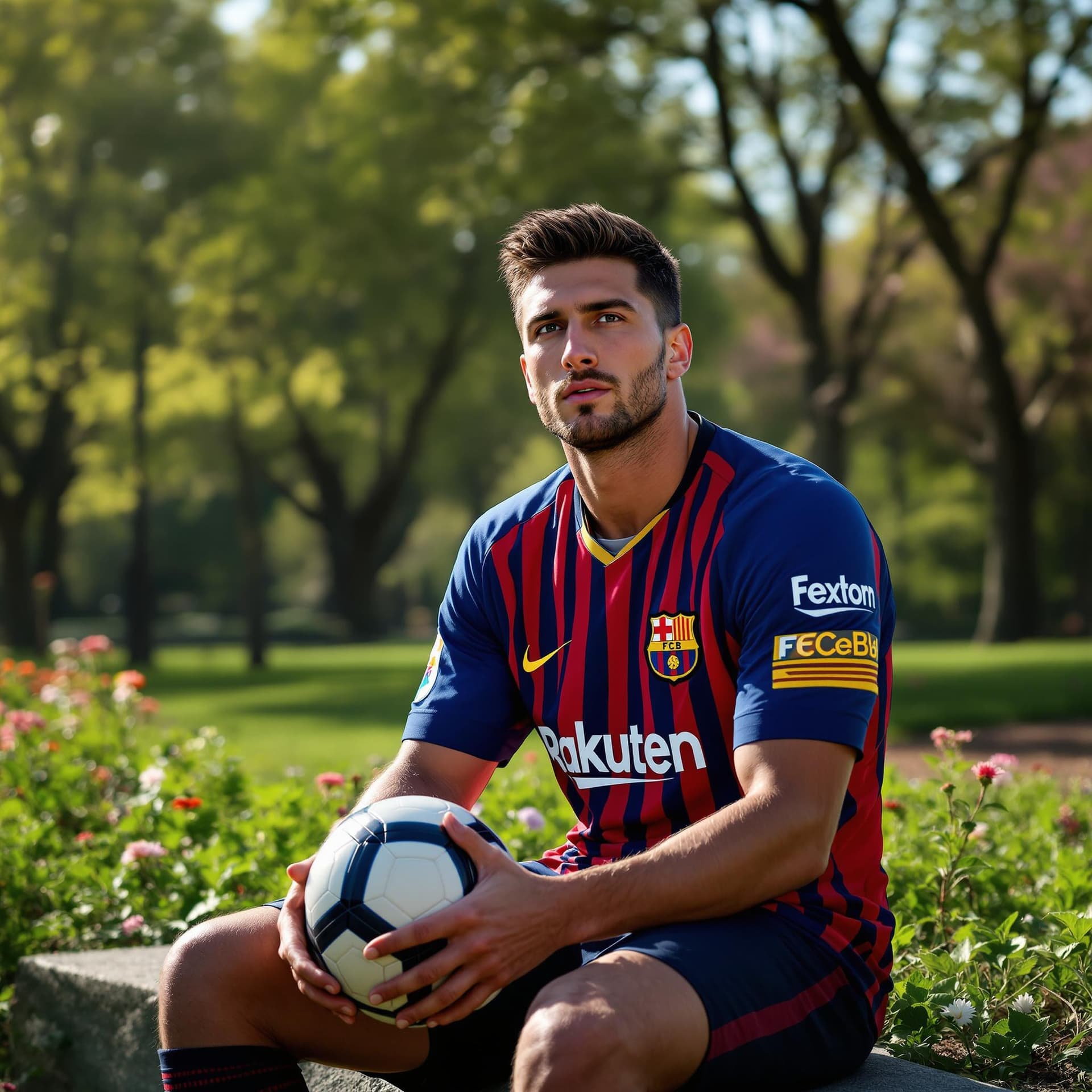 AI generated: Create a hyperrealistic image of professional footballer Robert Lewandowski sitting in a park during...