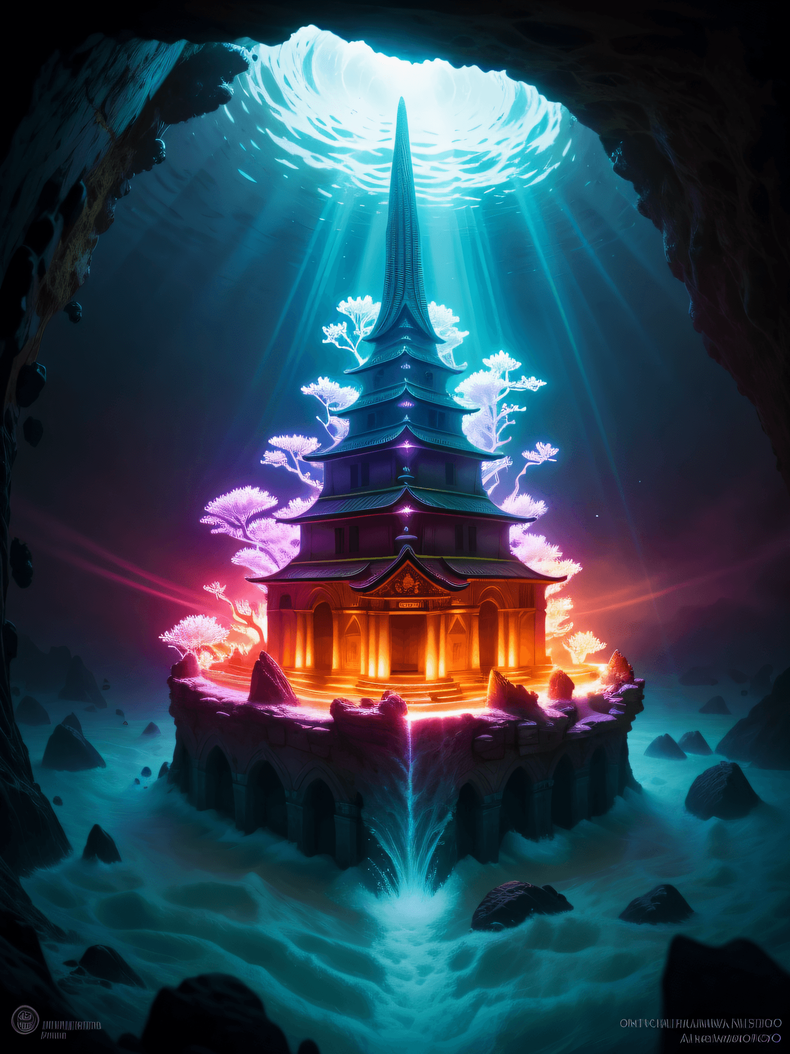 AI generated: Photograph a mesmerizing scene of an otherworldly underwater temple, constructed from intricate cora...