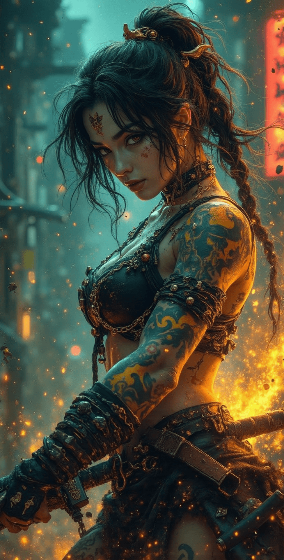 AI generated: Prompt: photograph of a Japanese gothic punk rebel woman with neon yellow and black tattoos, wieldin...