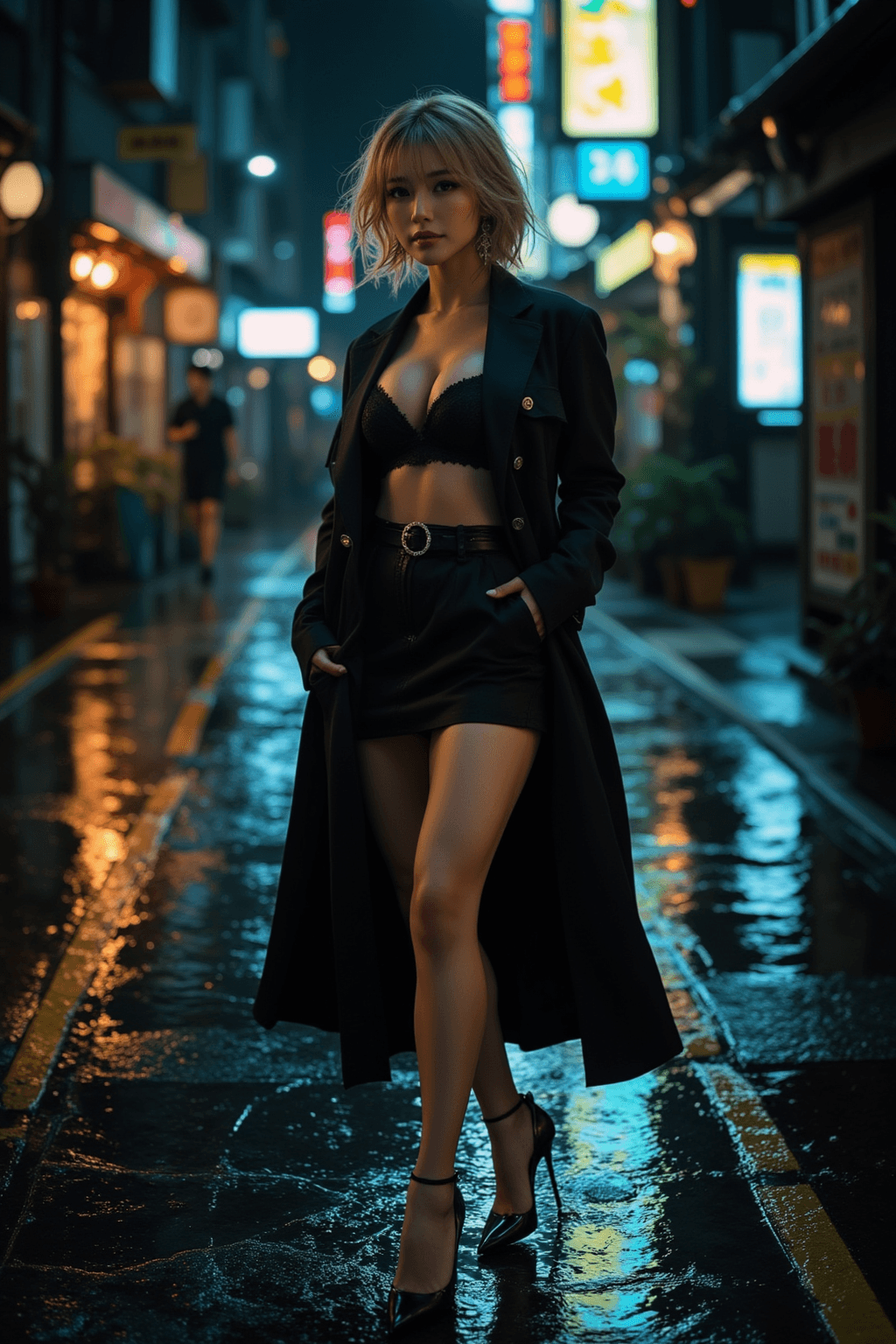 AI generated: This is a highly atmospheric, full-body portrait of a Japanese woman on a city street at night, rend...