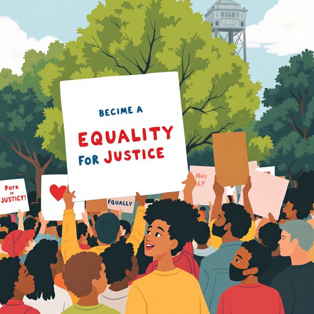 AI generated: 20240728153957list 2 Lofi illustration of a community rally with people holding 6 big poster advocat...