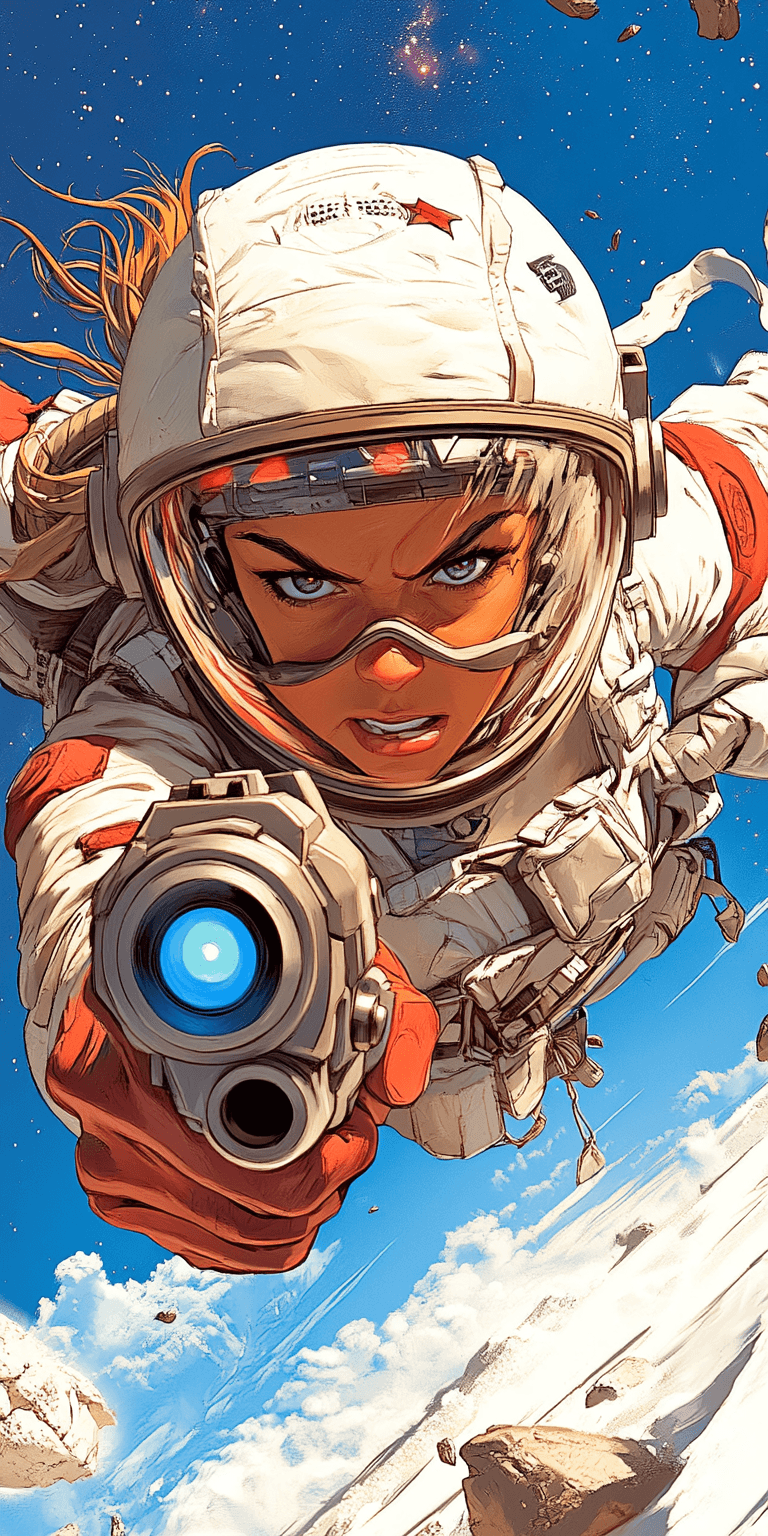 AI generated: Comic book illustration of a woman in a spacesuit with a helmet and visor, holding a laser gun, in t...
