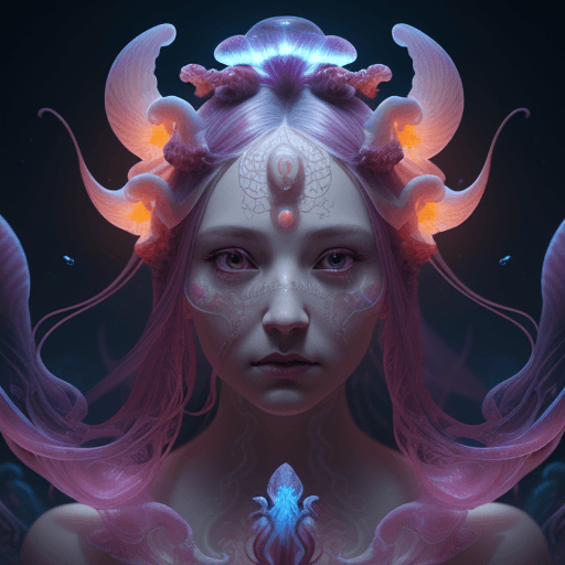 AI generated: Goddess close-up portrait ribcagel. jellyfish phoenix head, nautilus, orchid, skull, betta fish, bio...