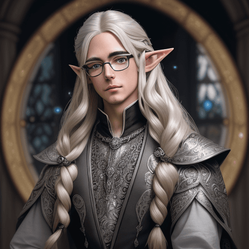 AI generated: A male elf archivist with glasses with long blond hair wearing a ornate clothes of silver and black,...